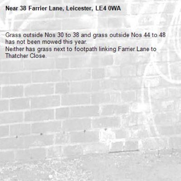 Grass outside Nos 30 to 38 and grass outside Nos 44 to 48 has not been mowed this year.
Neither has grass next to footpath linking Farrier Lane to Thatcher Close.-38 Farrier Lane, Leicester, LE4 0WA