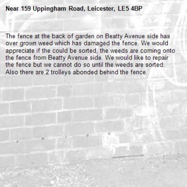 The fence at the back of garden on Beatty Avenue side has over grown weed which has damaged the fence. We would appreciate if the could be sorted, the weeds are coming onto the fence from Beatty Avenue side. We would like to repair the fence but we cannot do so until the weeds are sorted. Also there are 2 trolleys abonded behind the fence.-159 Uppingham Road, Leicester, LE5 4BP