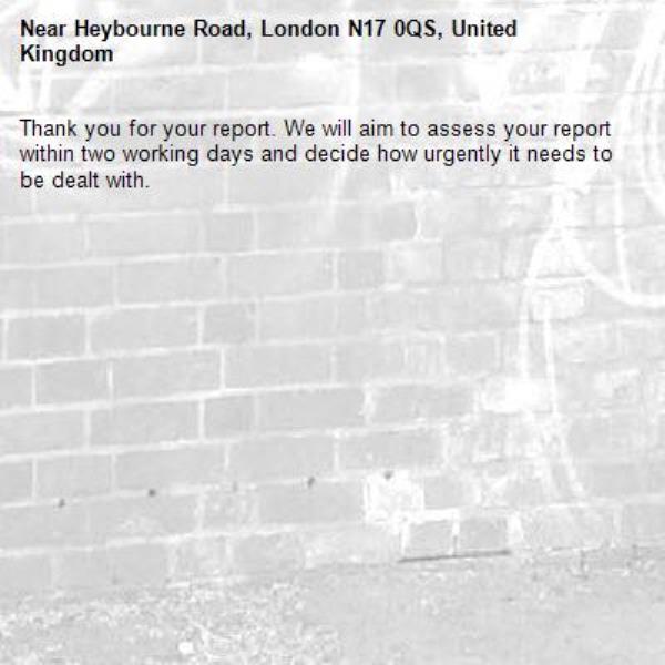 Thank you for your report. We will aim to assess your report within two working days and decide how urgently it needs to be dealt with.-Heybourne Road, London N17 0QS, United Kingdom
