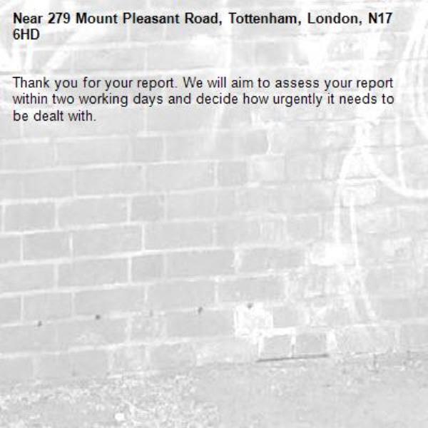Thank you for your report. We will aim to assess your report within two working days and decide how urgently it needs to be dealt with.-279 Mount Pleasant Road, Tottenham, London, N17 6HD