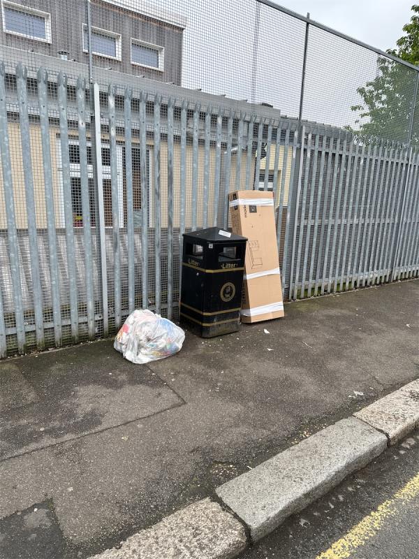 Dumped pallet and boxes by bin 
Please clear thanks -73 Elmhurst Road, Forest Gate, London, E7 9PQ