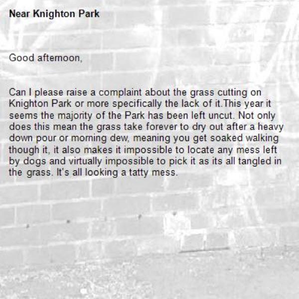 Good afternoon,


Can I please raise a complaint about the grass cutting on Knighton Park or more specifically the lack of it.This year it seems the majority of the Park has been left uncut. Not only does this mean the grass take forever to dry out after a heavy down pour or morning dew, meaning you get soaked walking though it, it also makes it impossible to locate any mess left by dogs and virtually impossible to pick it as its all tangled in the grass. It's all looking a tatty mess.


-Knighton Park