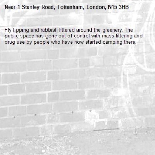 Fly tipping and rubbish littered around the greenery. The public space has gone out of control with mass littering and drug use by people who have now started camping there.-1 Stanley Road, Tottenham, London, N15 3HB