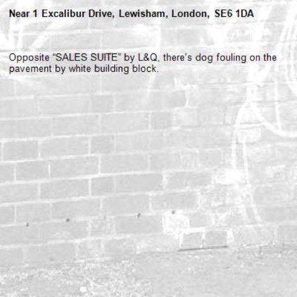 Opposite “SALES SUITE” by L&amp;Q, there’s dog fouling on the pavement by white building block.-1 Excalibur Drive, Lewisham, London, SE6 1DA