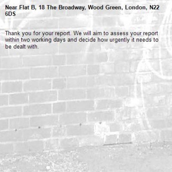 Thank you for your report. We will aim to assess your report within two working days and decide how urgently it needs to be dealt with.-Flat B, 18 The Broadway, Wood Green, London, N22 6DS