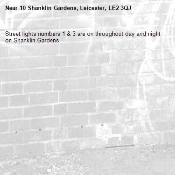 Street lights numbers 1 & 3 are on throughout day and night on Shanklin Gardens -10 Shanklin Gardens, Leicester, LE2 3QJ