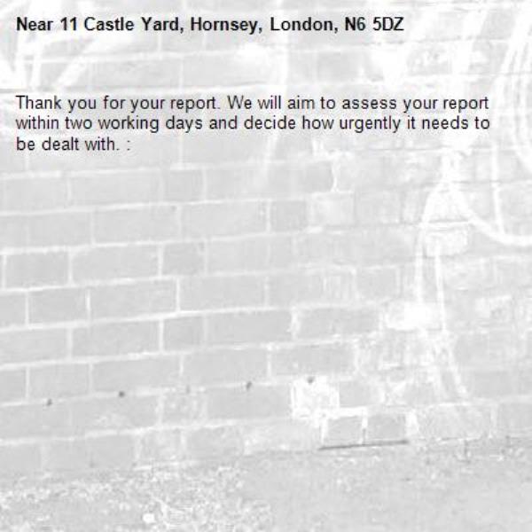 Thank you for your report. We will aim to assess your report within two working days and decide how urgently it needs to be dealt with. : -11 Castle Yard, Hornsey, London, N6 5DZ