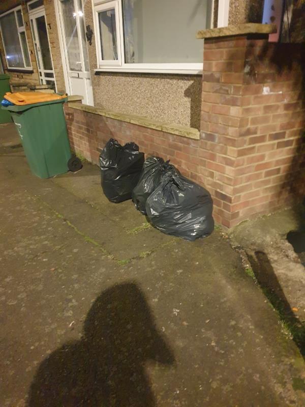 Rubbish bags left on the street by the residents of 2 Torrens Road. They have no green bin and are a multiple occupancy house, so continue to leave their refuse on the street. The bags are then ripped open by foxes and the rubbish inside ends up all over the footpath and road. -1 The Green, Stratford, London, E15 4ND
