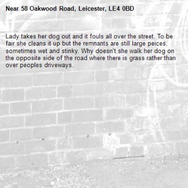 Lady takes her dog out and it fouls all over the street. To be fair she cleans it up but the remnants are still large peices, sometimes wet and stinky. Why doesn't she walk her dog on the opposite side of the road where there is grass rather than over peoples driveways. -58 Oakwood Road, Leicester, LE4 0BD