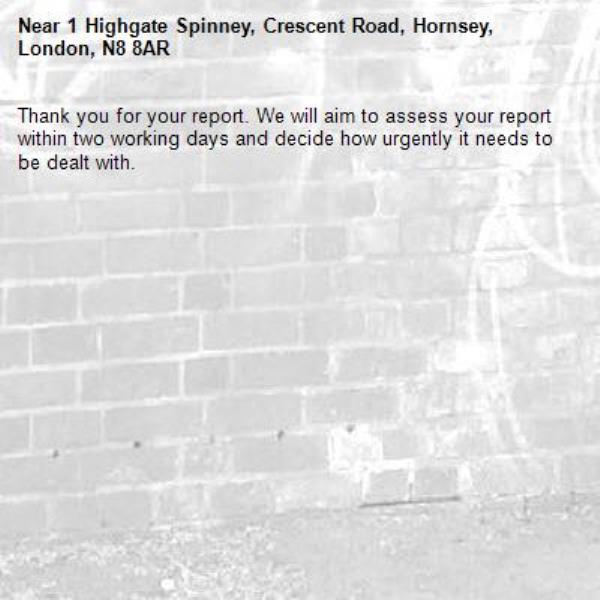 Thank you for your report. We will aim to assess your report within two working days and decide how urgently it needs to be dealt with.-1 Highgate Spinney, Crescent Road, Hornsey, London, N8 8AR