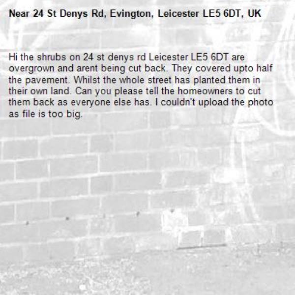 Hi the shrubs on 24 st denys rd Leicester LE5 6DT are overgrown and arent being cut back. They covered upto half the pavement. Whilst the whole street has planted them in their own land. Can you please tell the homeowners to cut them back as everyone else has. I couldn't upload the photo as file is too big.-24 St Denys Rd, Evington, Leicester LE5 6DT, UK