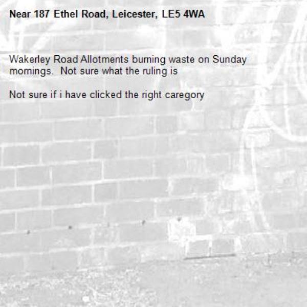 Wakerley Road Allotments burning waste on Sunday mornings.  Not sure what the ruling is 

Not sure if i have clicked the right caregory-187 Ethel Road, Leicester, LE5 4WA