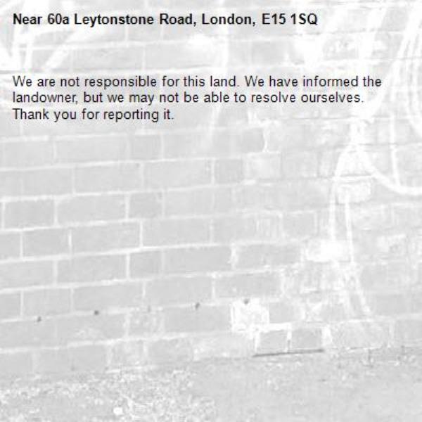 We are not responsible for this land. We have informed the landowner, but we may not be able to resolve ourselves. Thank you for reporting it.-60a Leytonstone Road, London, E15 1SQ