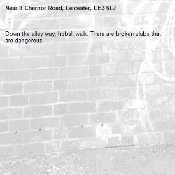 Down the alley way, hoball walk. There are broken slabs that are dangerous -9 Charnor Road, Leicester, LE3 6LJ