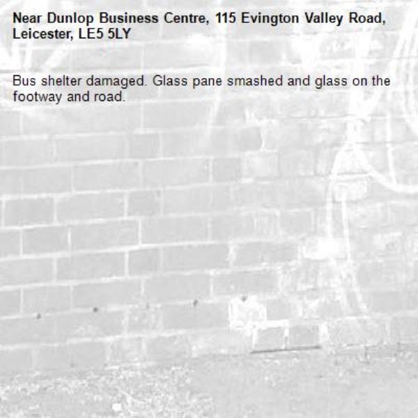 Bus shelter damaged. Glass pane smashed and glass on the footway and road.-Dunlop Business Centre, 115 Evington Valley Road, Leicester, LE5 5LY