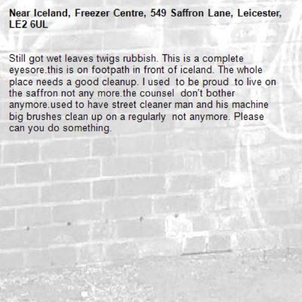 Still got wet leaves twigs rubbish. This is a complete  eyesore.this is on footpath in front of iceland. The whole  place needs a good cleanup. I used  to be proud  to live on the saffron not any more.the counsel  don't bother anymore.used to have street cleaner man and his machine big brushes clean up on a regularly  not anymore. Please  can you do something. -Iceland, Freezer Centre, 549 Saffron Lane, Leicester, LE2 6UL