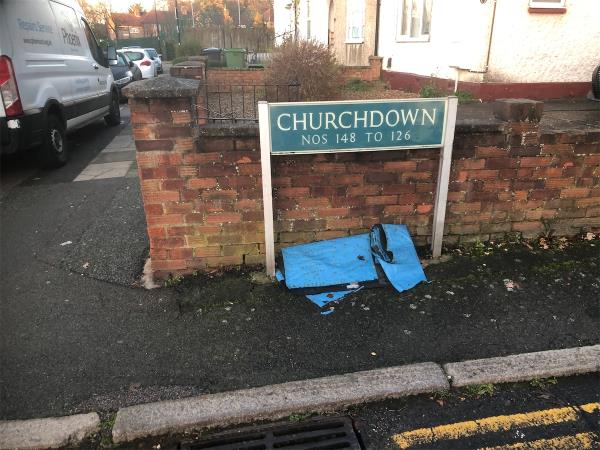 Please clear flytip from under Street sign (1)-150 Churchdown, Bromley, BR1 5PG