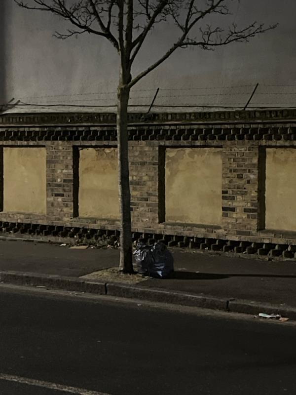Black bin bag of rubbish left under tree on boundary Road on the corner corner with Kingsland Road-67 Boundary Road, Plaistow, London, E13 9PS