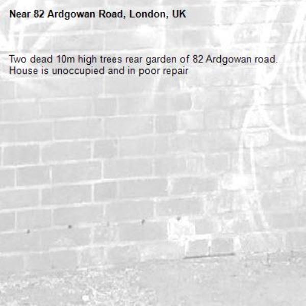 Two dead 10m high trees rear garden of 82 Ardgowan road. House is unoccupied and in poor repair 
 -82 Ardgowan Road, London, UK