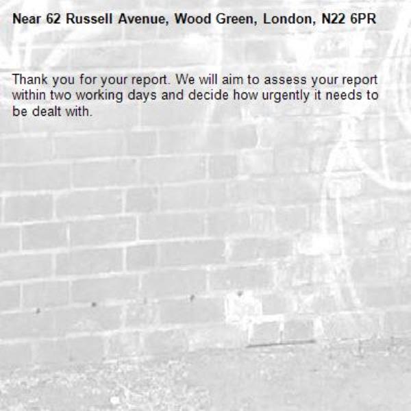 Thank you for your report. We will aim to assess your report within two working days and decide how urgently it needs to be dealt with.-62 Russell Avenue, Wood Green, London, N22 6PR