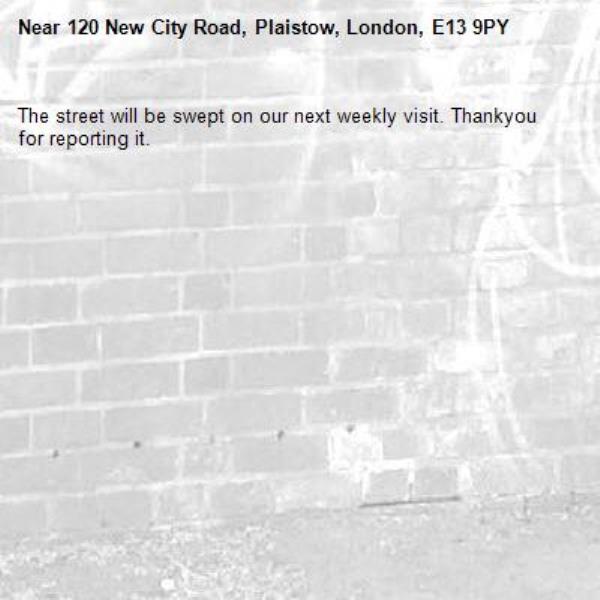 The street will be swept on our next weekly visit. Thankyou for reporting it.-120 New City Road, Plaistow, London, E13 9PY
