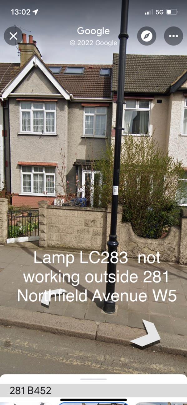 Lamp not working -285 Northfield Avenue, Northfield, W5 4UA, England, United Kingdom