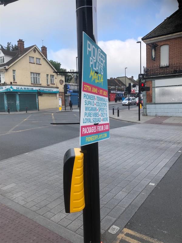 Junction of Downham Way. Remove flypostering from traffic lights-Swami, 301 Baring Road, London, SE12 0DZ