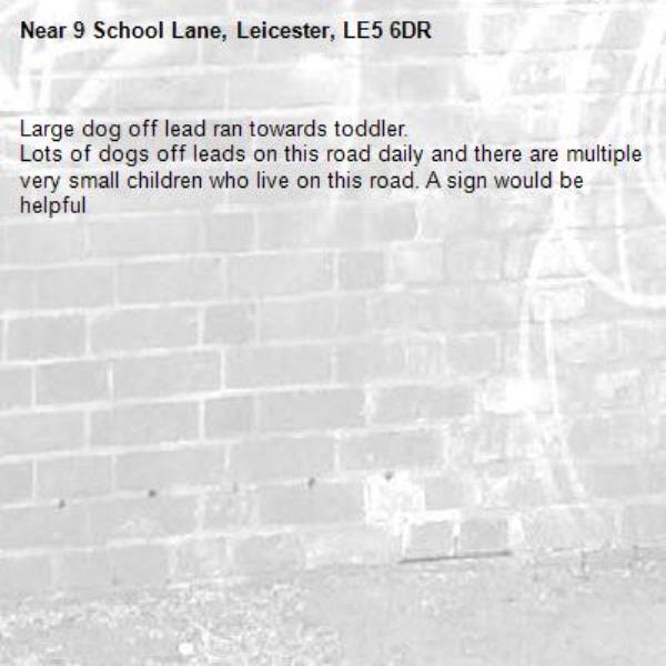 Large dog off lead ran towards toddler.
Lots of dogs off leads on this road daily and there are multiple very small children who live on this road. A sign would be helpful -9 School Lane, Leicester, LE5 6DR