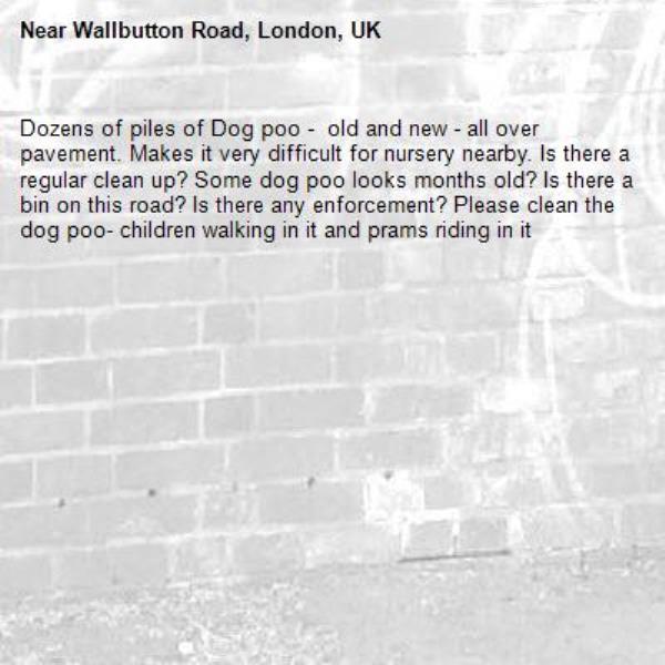 Dozens of piles of Dog poo -  old and new - all over pavement. Makes it very difficult for nursery nearby. Is there a regular clean up? Some dog poo looks months old? Is there a bin on this road? Is there any enforcement? Please clean the dog poo- children walking in it and prams riding in it-Wallbutton Road, London, UK