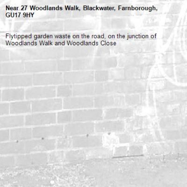Flytipped garden waste on the road, on the junction of Woodlands Walk and Woodlands Close-27 Woodlands Walk, Blackwater, Farnborough, GU17 9HY