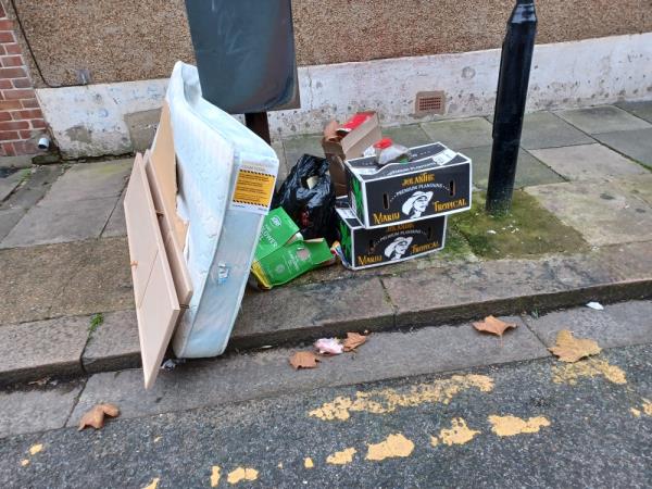 Mattress, wooden boards, cardboard boxes and household waste fly tipped at 3 Nile Road, E13. -3 Credon Road, Upton Park, London, E13 9BH