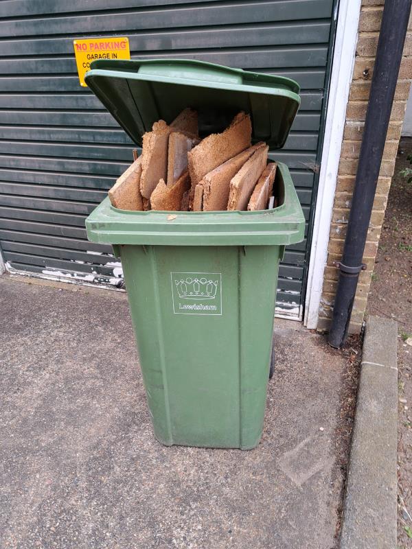 green waste bin filled with wood boards left by the garages area.-39 Algernon Road
