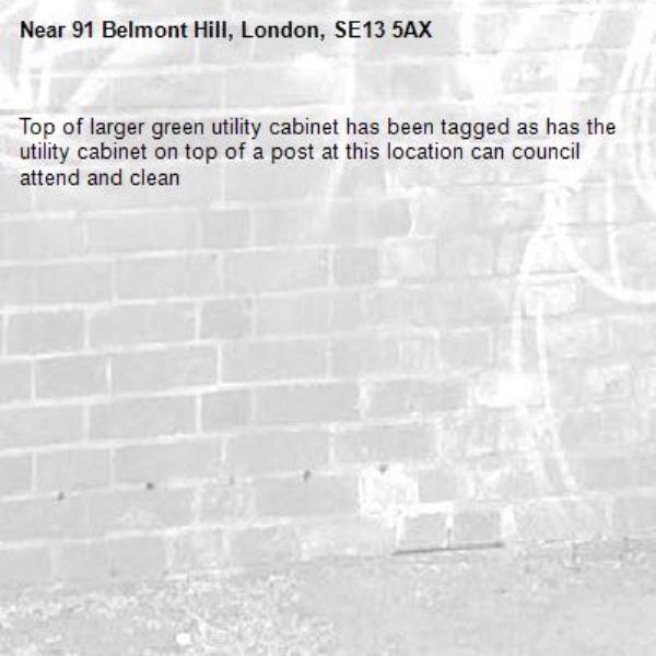 Top of larger green utility cabinet has been tagged as has the utility cabinet on top of a post at this location can council attend and clean -91 Belmont Hill, London, SE13 5AX