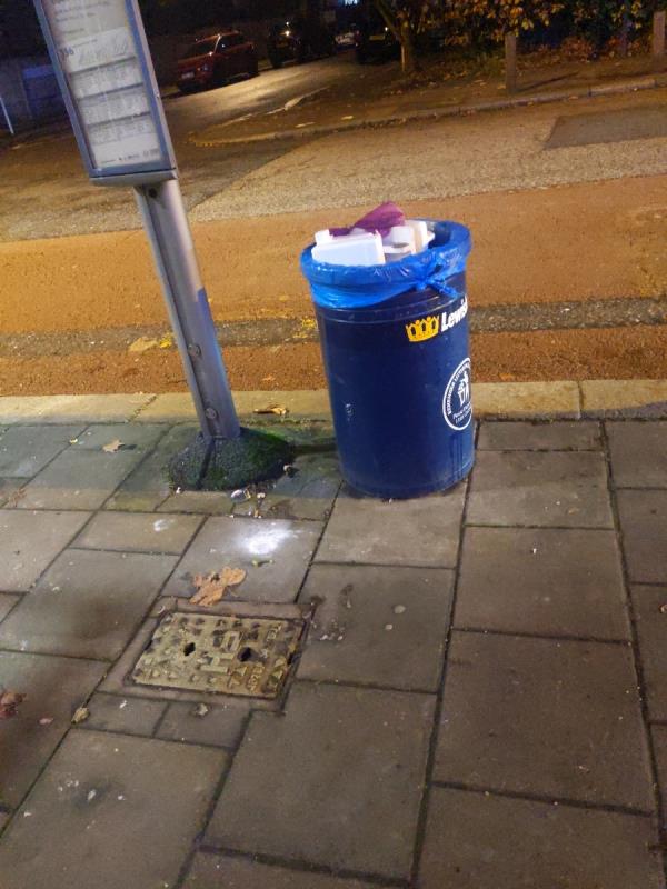 Blue bin overflowing and needs emptying -Prince Of Wales, 52 Perry Rise, London, SE23 2QL
