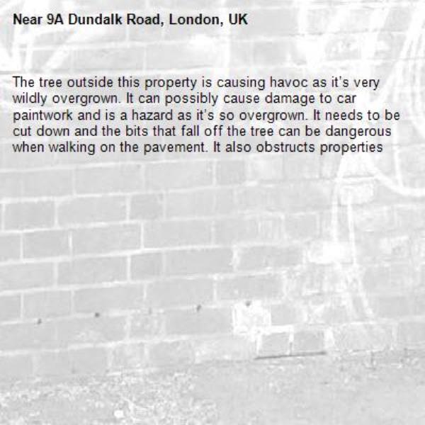 The tree outside this property is causing havoc as it’s very wildly overgrown. It can possibly cause damage to car paintwork and is a hazard as it’s so overgrown. It needs to be cut down and the bits that fall off the tree can be dangerous when walking on the pavement. It also obstructs properties -9A Dundalk Road, London, UK