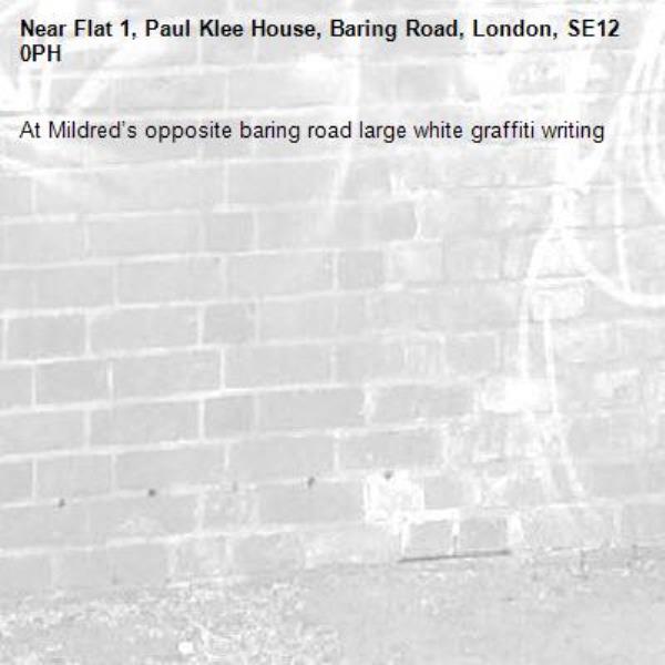 At Mildred’s opposite baring road large white graffiti writing -Flat 1, Paul Klee House, Baring Road, London, SE12 0PH