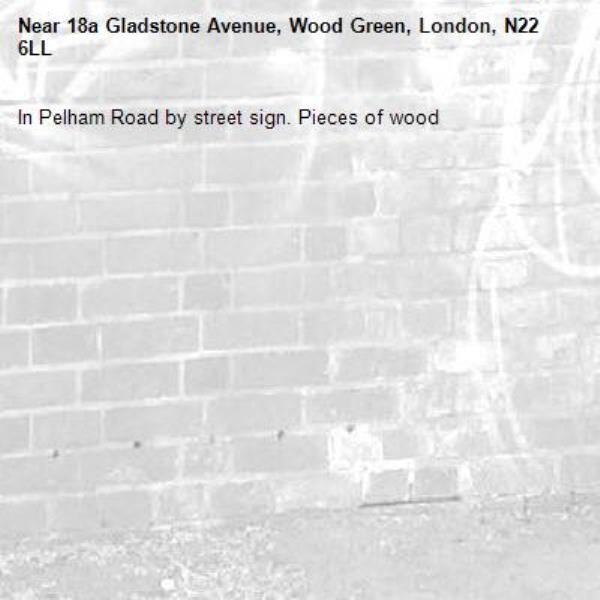 In Pelham Road by street sign. Pieces of wood-18a Gladstone Avenue, Wood Green, London, N22 6LL