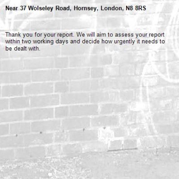 Thank you for your report. We will aim to assess your report within two working days and decide how urgently it needs to be dealt with.-37 Wolseley Road, Hornsey, London, N8 8RS
