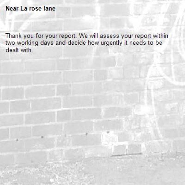 Thank you for your report. We will assess your report within two working days and decide how urgently it needs to be dealt with.-La rose lane