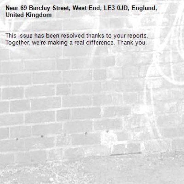 This issue has been resolved thanks to your reports.
Together, we’re making a real difference. Thank you.
-69 Barclay Street, West End, LE3 0JD, England, United Kingdom