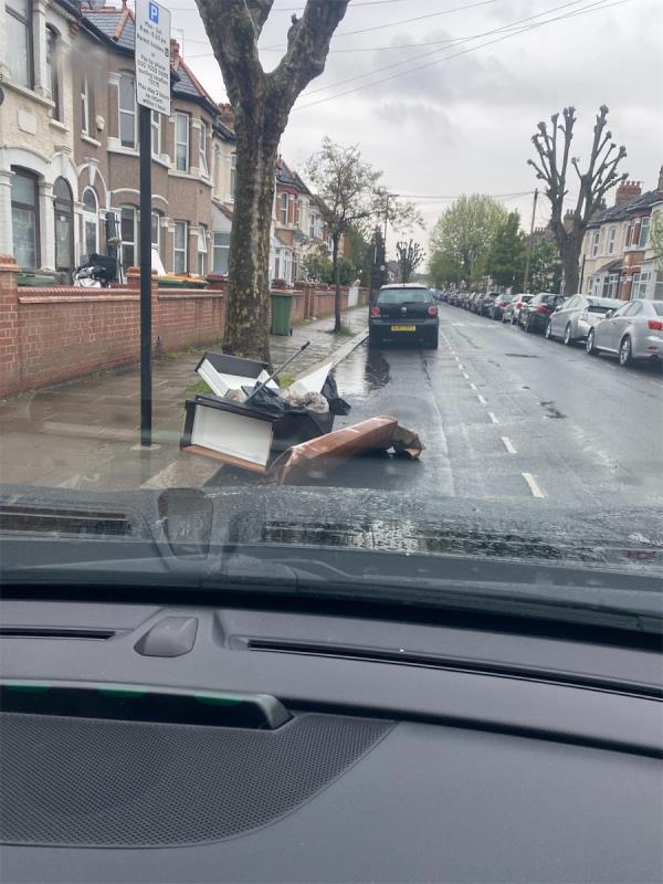 Items dumped in parking bay and pavement outside 102 Gwendoline Avenue-106 Gwendoline Avenue, Upton Park, London, E13 0RD