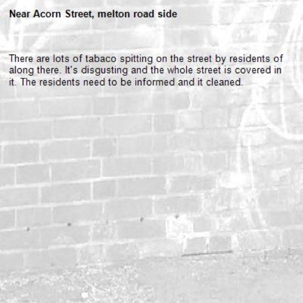 There are lots of tabaco spitting on the street by residents of along there. It's disgusting and the whole street is covered in it. The residents need to be informed and it cleaned.-Acorn Street, melton road side