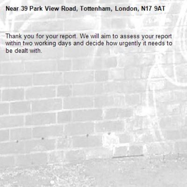 Thank you for your report. We will aim to assess your report within two working days and decide how urgently it needs to be dealt with.-39 Park View Road, Tottenham, London, N17 9AT