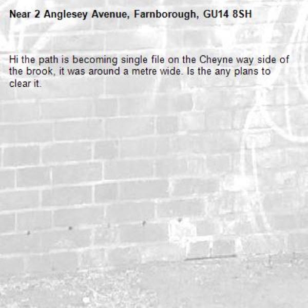Hi the path is becoming single file on the Cheyne way side of the brook, it was around a metre wide. Is the any plans to clear it.-2 Anglesey Avenue, Farnborough, GU14 8SH