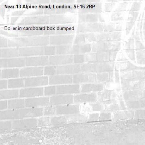 Boiler in cardboard box dumped -13 Alpine Road, London, SE16 2RP