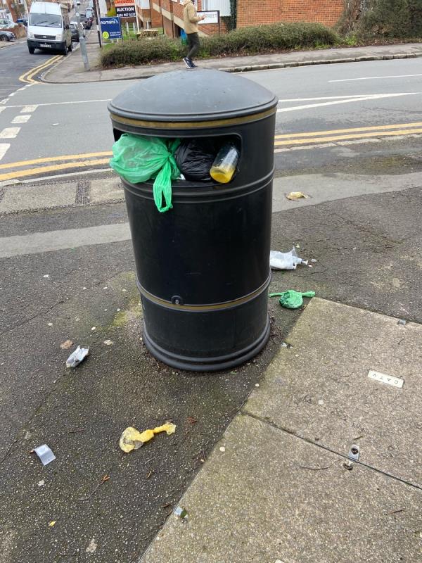 Overflowing bin and dumped rubbish -Nicholas Court, Prospect Street, Reading, RG1 7YH