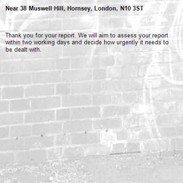 Thank you for your report. We will aim to assess your report within two working days and decide how urgently it needs to be dealt with.-38 Muswell Hill, Hornsey, London, N10 3ST