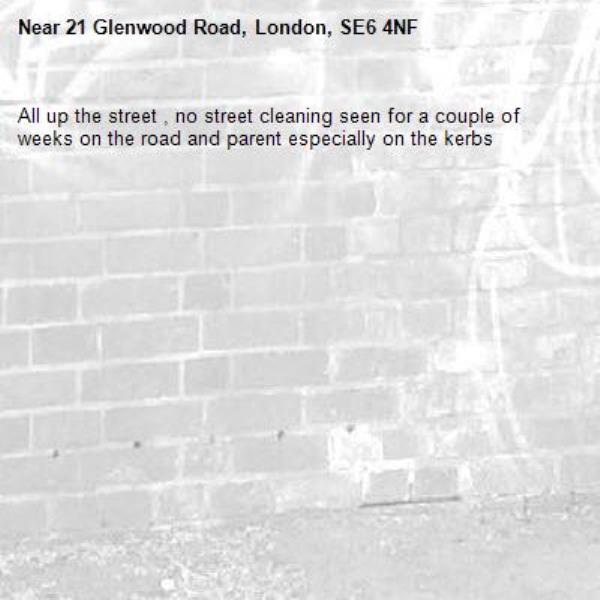 All up the street , no street cleaning seen for a couple of weeks on the road and parent especially on the kerbs -21 Glenwood Road, London, SE6 4NF