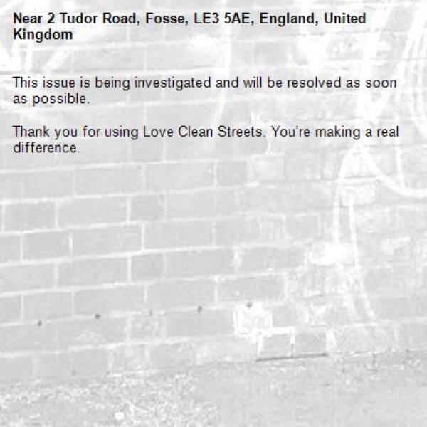 This issue is being investigated and will be resolved as soon as possible.
	
Thank you for using Love Clean Streets. You’re making a real difference.
-2 Tudor Road, Fosse, LE3 5AE, England, United Kingdom