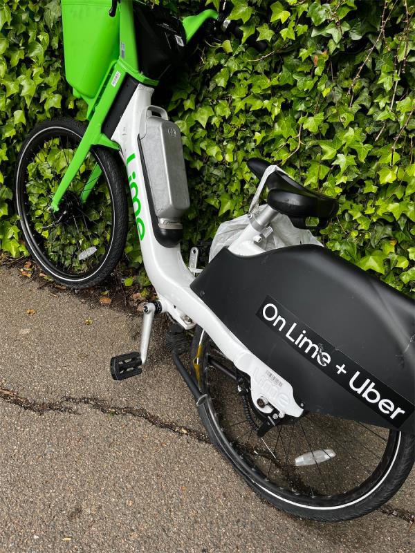 Another Lime bike dumped on pavement near footbridge to Alexandra Palace station - flat tyre and rubbish attached to saddle-First Floor Flat, 25 Bedford Road, Wood Green, London, N22 7AU